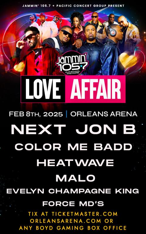 A flyer for Love Affair with the artists such as Next (Too Close), Jon B, Color Me Badd, Heatwave, Malo, Evelyn “Champagne” King, The Force MD’s